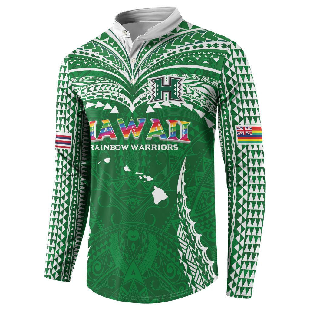 Custom Hawaii Rainbow Warriors Button Sweatshirt Polynesian Motif Green Color