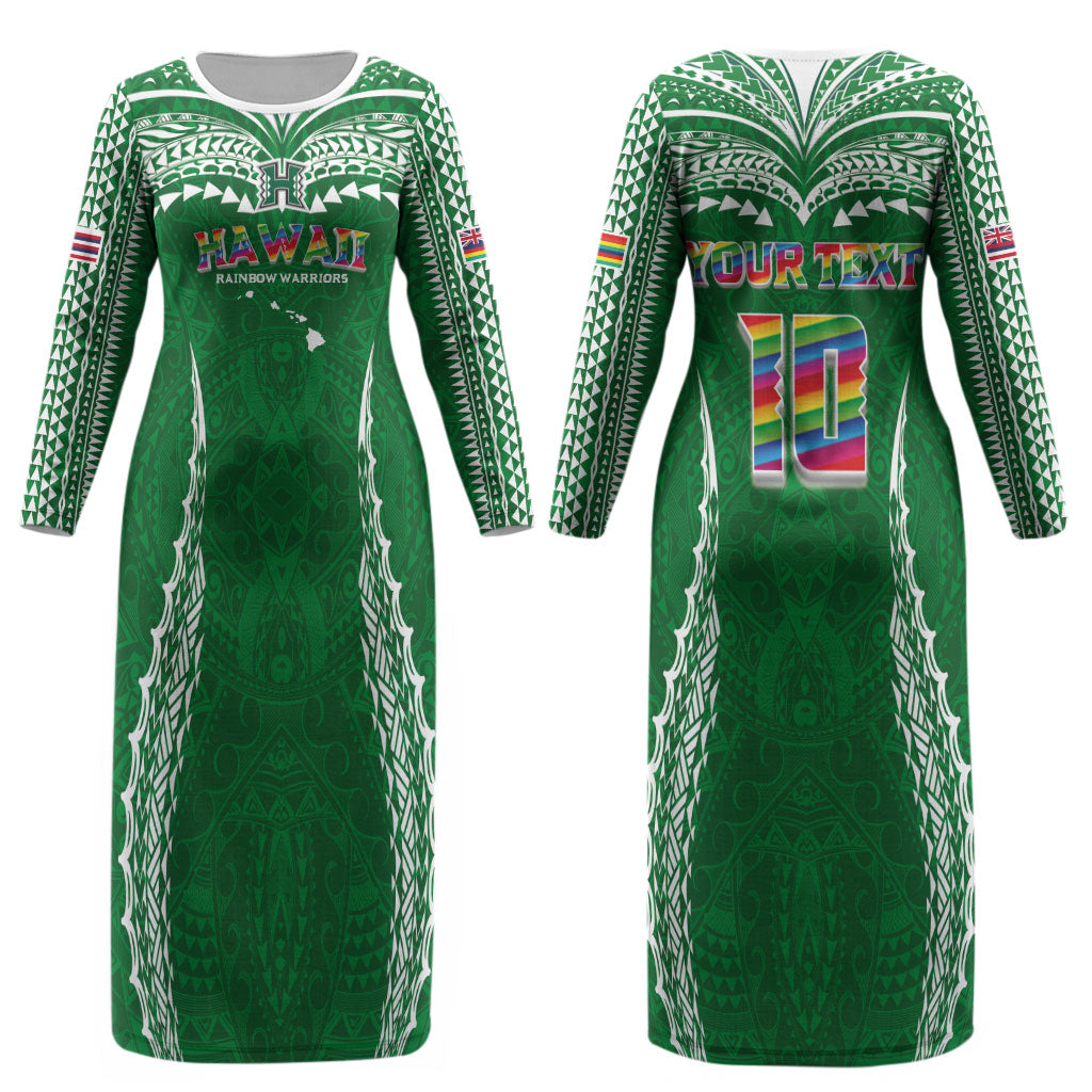 Custom Hawaii Rainbow Warriors Couples Matching Long Sleeve Bodycon Dress and Long Sleeve Button Shirt Polynesian Motif Green Color