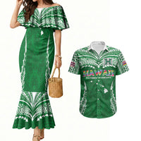 Custom Hawaii Rainbow Warriors Couples Matching Mermaid Dress and Hawaiian Shirt Polynesian Motif Green Color