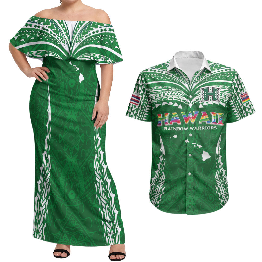 Custom Hawaii Rainbow Warriors Couples Matching Off Shoulder Maxi Dress and Hawaiian Shirt Polynesian Motif Green Color