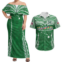 Custom Hawaii Rainbow Warriors Couples Matching Off Shoulder Maxi Dress and Hawaiian Shirt Polynesian Motif Green Color