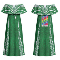 Custom Hawaii Rainbow Warriors Couples Matching Off Shoulder Maxi Dress and Hawaiian Shirt Polynesian Motif Green Color