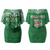 Custom Hawaii Rainbow Warriors Couples Matching Off Shoulder Short Dress and Hawaiian Shirt Polynesian Motif Green Color