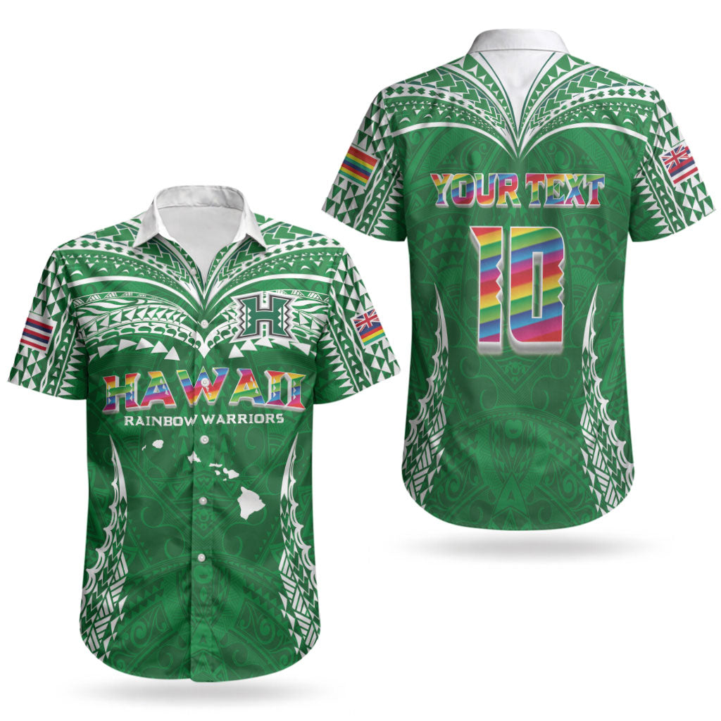 Custom Hawaii Rainbow Warriors Couples Matching Off The Shoulder Long Sleeve Dress and Hawaiian Shirt Polynesian Motif Green Color
