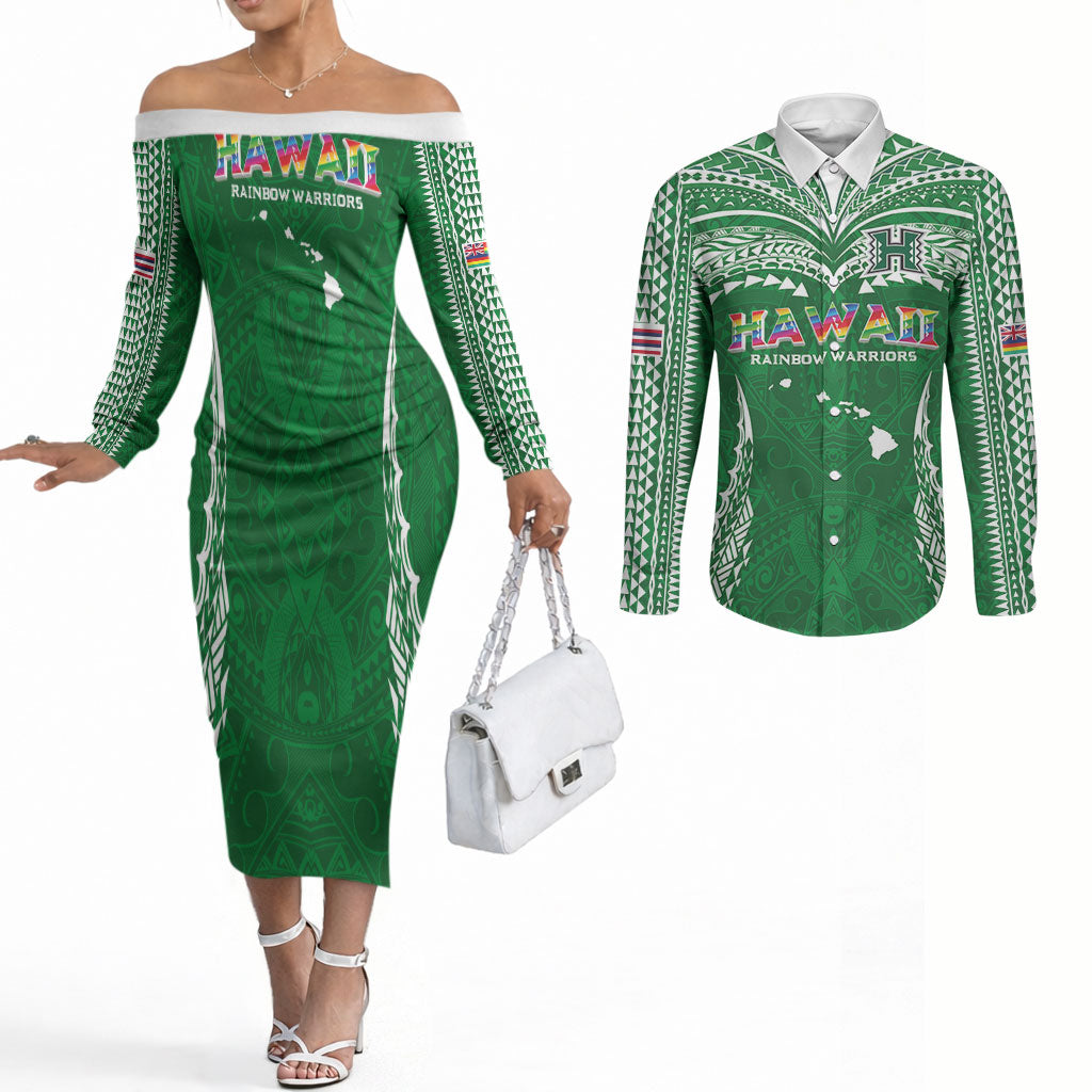 Custom Hawaii Rainbow Warriors Couples Matching Off The Shoulder Long Sleeve Dress and Long Sleeve Button Shirt Polynesian Motif Green Color