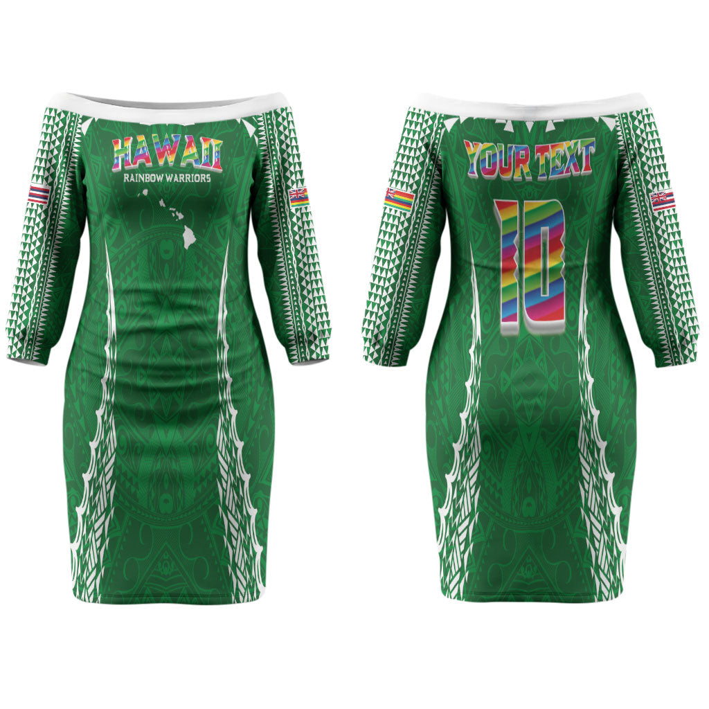 Custom Hawaii Rainbow Warriors Couples Matching Off The Shoulder Long Sleeve Dress and Long Sleeve Button Shirt Polynesian Motif Green Color
