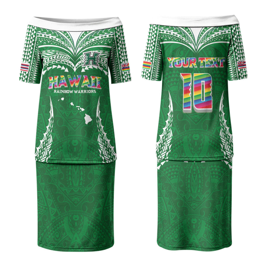 Custom Hawaii Rainbow Warriors Couples Matching Puletasi and Long Sleeve Button Shirt Polynesian Motif Green Color