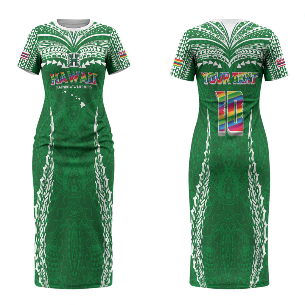 Custom Hawaii Rainbow Warriors Couples Matching Short Sleeve Bodycon Dress and Long Sleeve Button Shirt Polynesian Motif Green Color