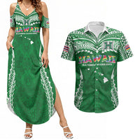 Custom Hawaii Rainbow Warriors Couples Matching Summer Maxi Dress and Hawaiian Shirt Polynesian Motif Green Color