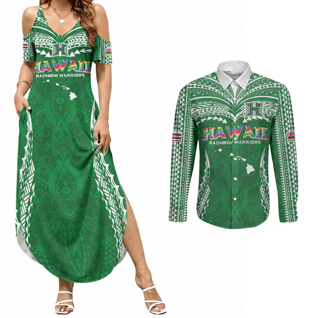 Custom Hawaii Rainbow Warriors Couples Matching Summer Maxi Dress and Long Sleeve Button Shirt Polynesian Motif Green Color
