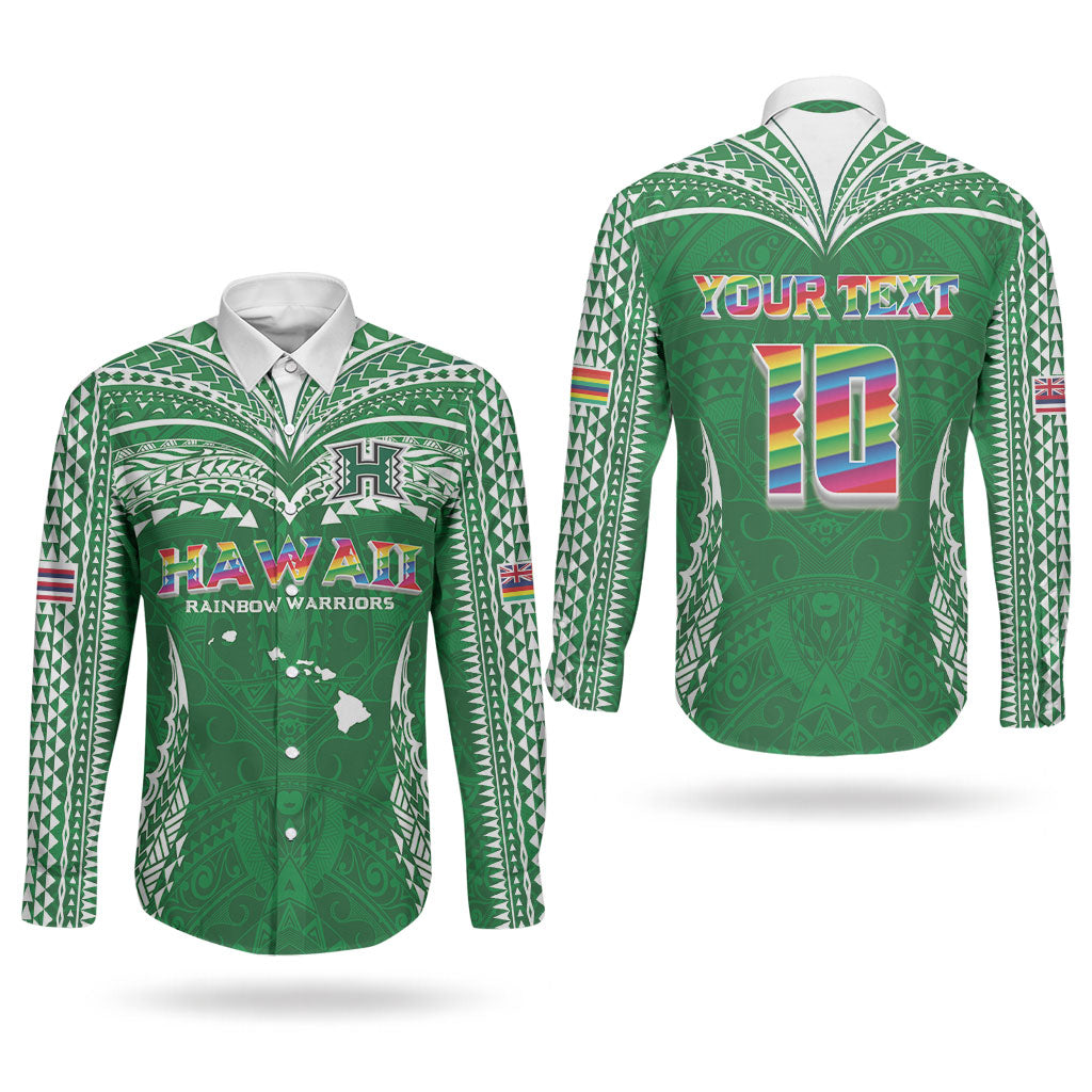 Custom Hawaii Rainbow Warriors Couples Matching Summer Maxi Dress and Long Sleeve Button Shirt Polynesian Motif Green Color