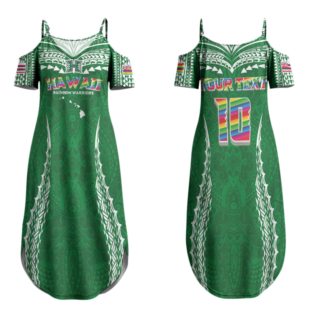 Custom Hawaii Rainbow Warriors Couples Matching Summer Maxi Dress and Long Sleeve Button Shirt Polynesian Motif Green Color