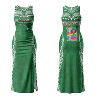 Custom Hawaii Rainbow Warriors Couples Matching Tank Maxi Dress and Long Sleeve Button Shirt Polynesian Motif Green Color