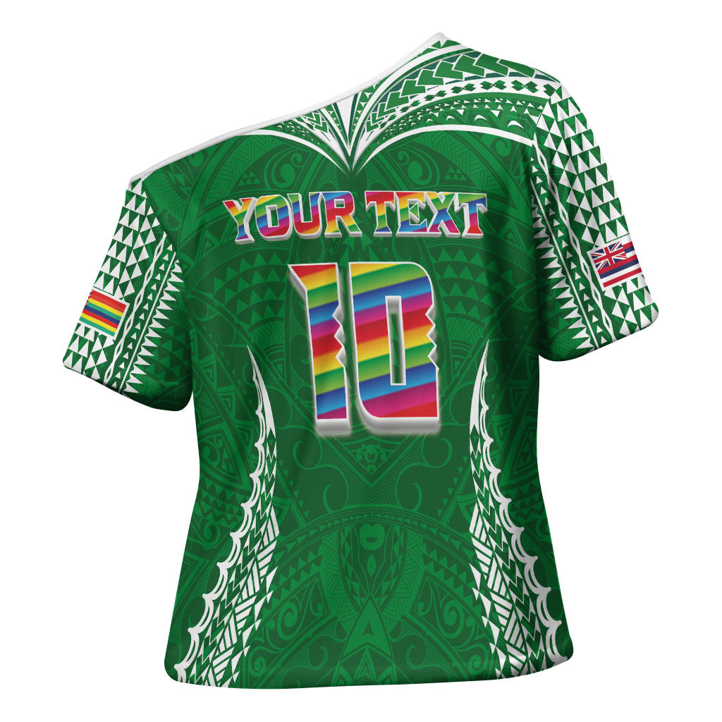 Custom Hawaii Rainbow Warriors Cross Shoulder Shirt Polynesian Motif Green Color