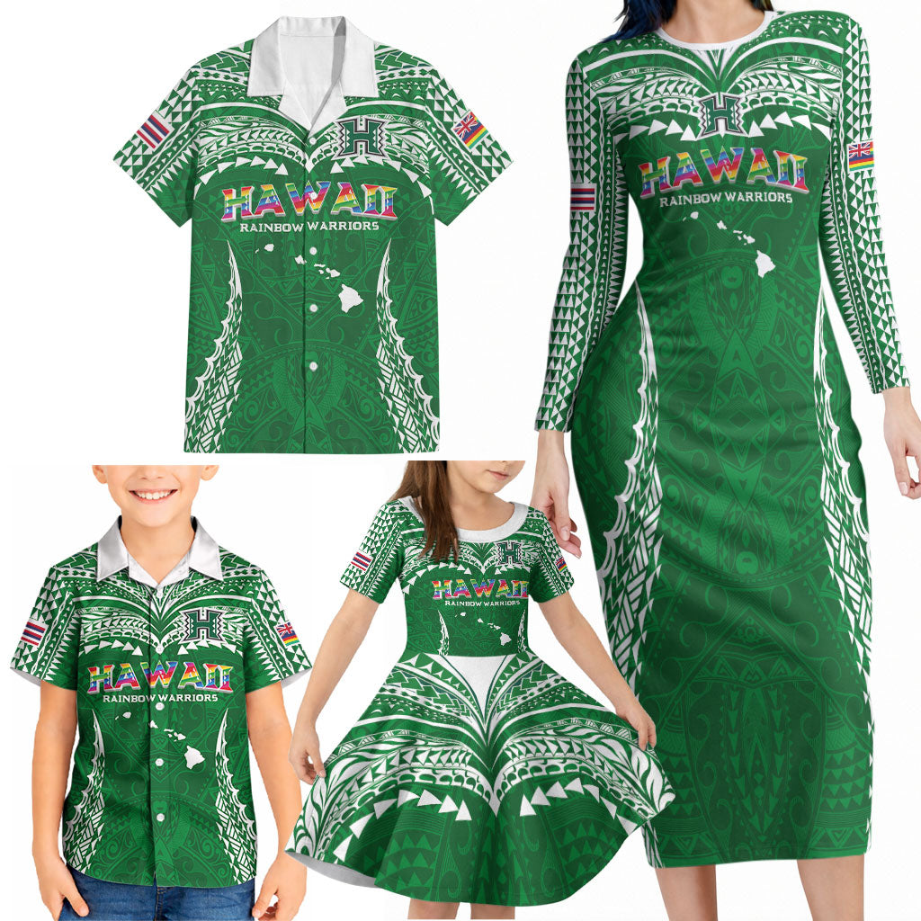 Custom Hawaii Rainbow Warriors Family Matching Long Sleeve Bodycon Dress and Hawaiian Shirt Polynesian Motif Green Color