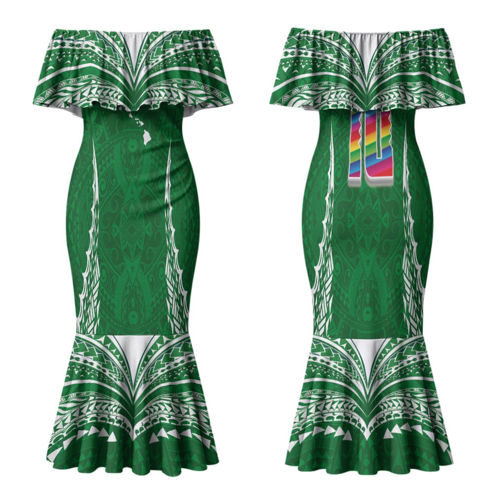 Custom Hawaii Rainbow Warriors Family Matching Mermaid Dress and Hawaiian Shirt Polynesian Motif Green Color