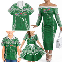 Custom Hawaii Rainbow Warriors Family Matching Off The Shoulder Long Sleeve Dress and Hawaiian Shirt Polynesian Motif Green Color