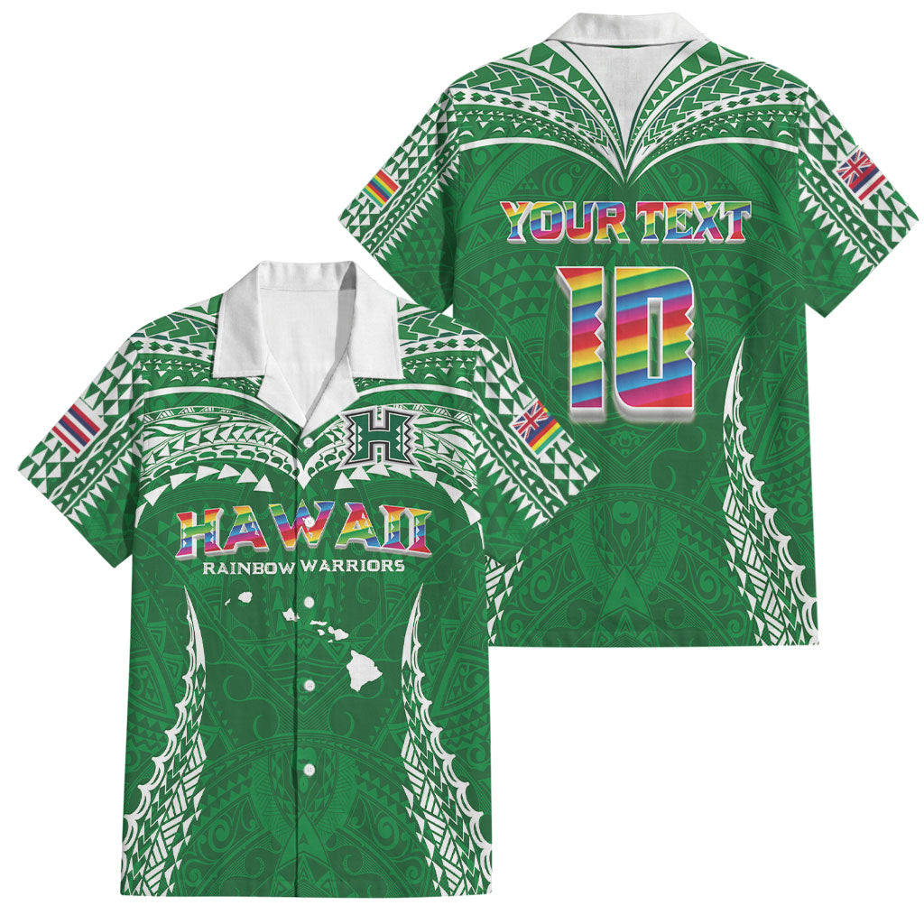 Custom Hawaii Rainbow Warriors Family Matching Off The Shoulder Long Sleeve Dress and Hawaiian Shirt Polynesian Motif Green Color
