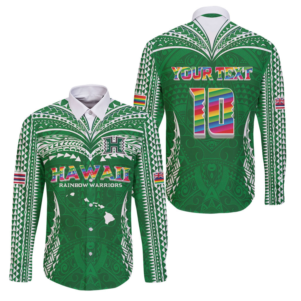 Custom Hawaii Rainbow Warriors Family Matching Off The Shoulder Long Sleeve Dress and Hawaiian Shirt Polynesian Motif Green Color