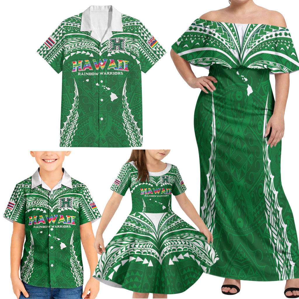 Custom Hawaii Rainbow Warriors Family Matching Off Shoulder Maxi Dress and Hawaiian Shirt Polynesian Motif Green Color