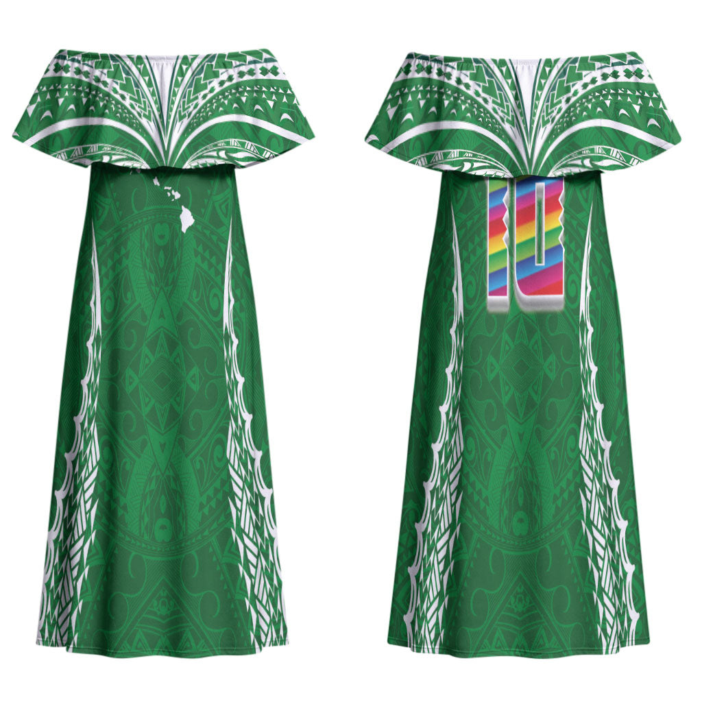 Custom Hawaii Rainbow Warriors Family Matching Off Shoulder Maxi Dress and Hawaiian Shirt Polynesian Motif Green Color
