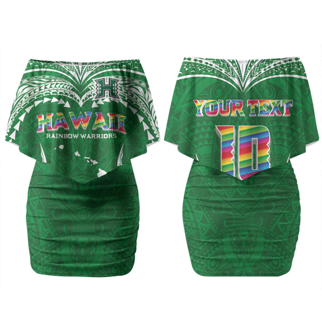 Custom Hawaii Rainbow Warriors Family Matching Off Shoulder Short Dress and Hawaiian Shirt Polynesian Motif Green Color