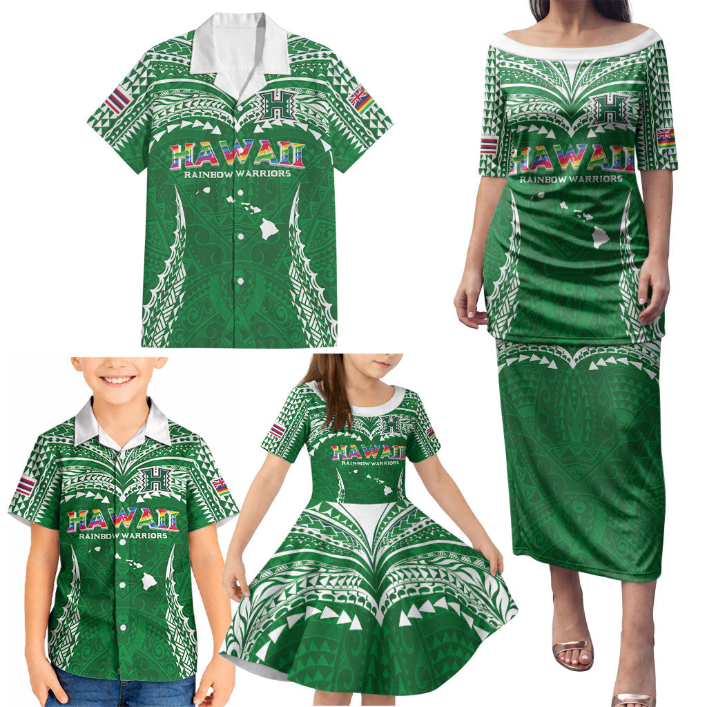 Custom Hawaii Rainbow Warriors Family Matching Puletasi and Hawaiian Shirt Polynesian Motif Green Color