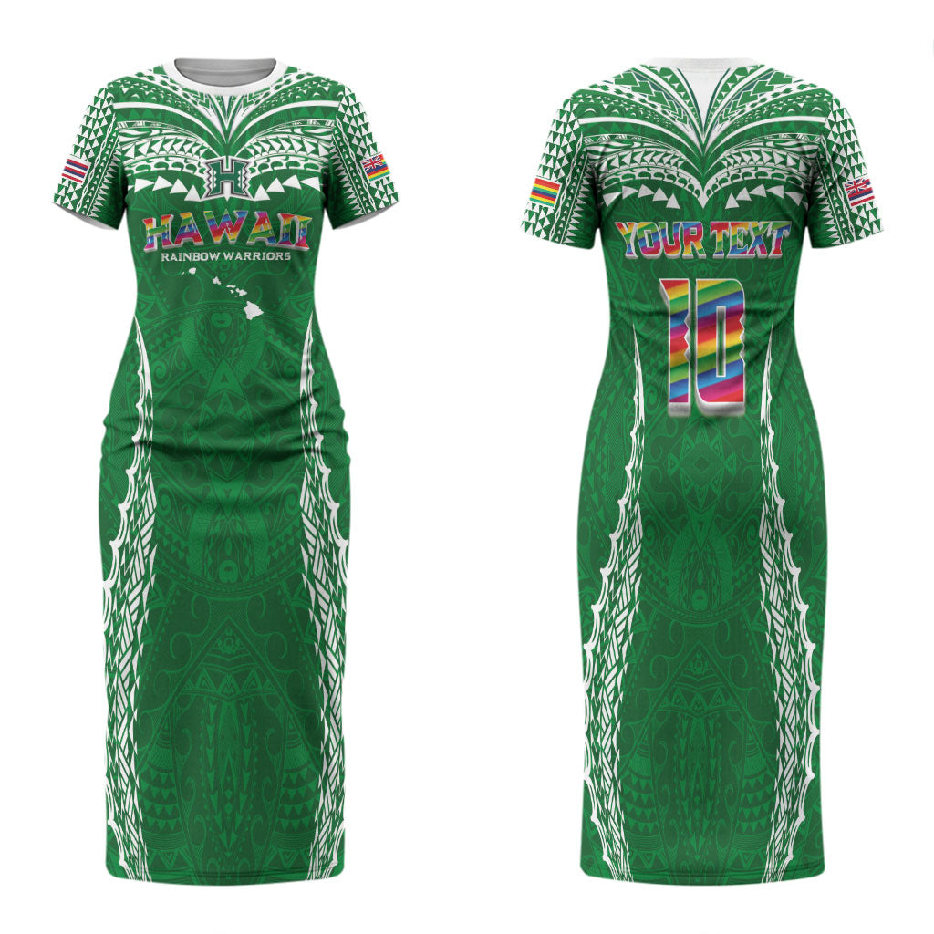 Custom Hawaii Rainbow Warriors Family Matching Short Sleeve Bodycon Dress and Hawaiian Shirt Polynesian Motif Green Color