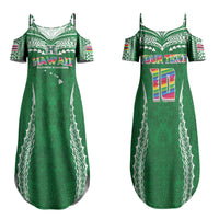 Custom Hawaii Rainbow Warriors Family Matching Summer Maxi Dress and Hawaiian Shirt Polynesian Motif Green Color