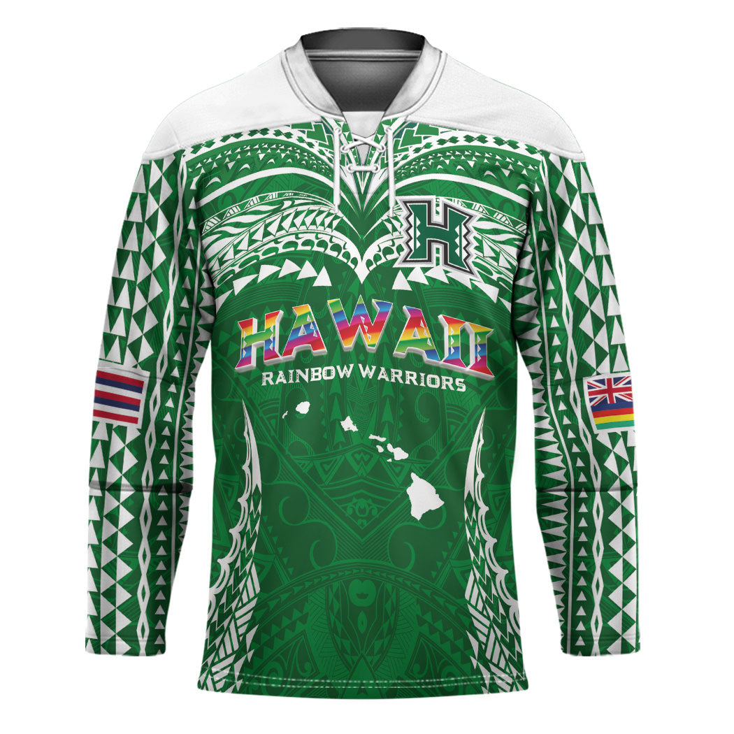 Custom Hawaii Rainbow Warriors Hockey Jersey Polynesian Motif Green Color LT03 Unisex Green - Polynesian Pride