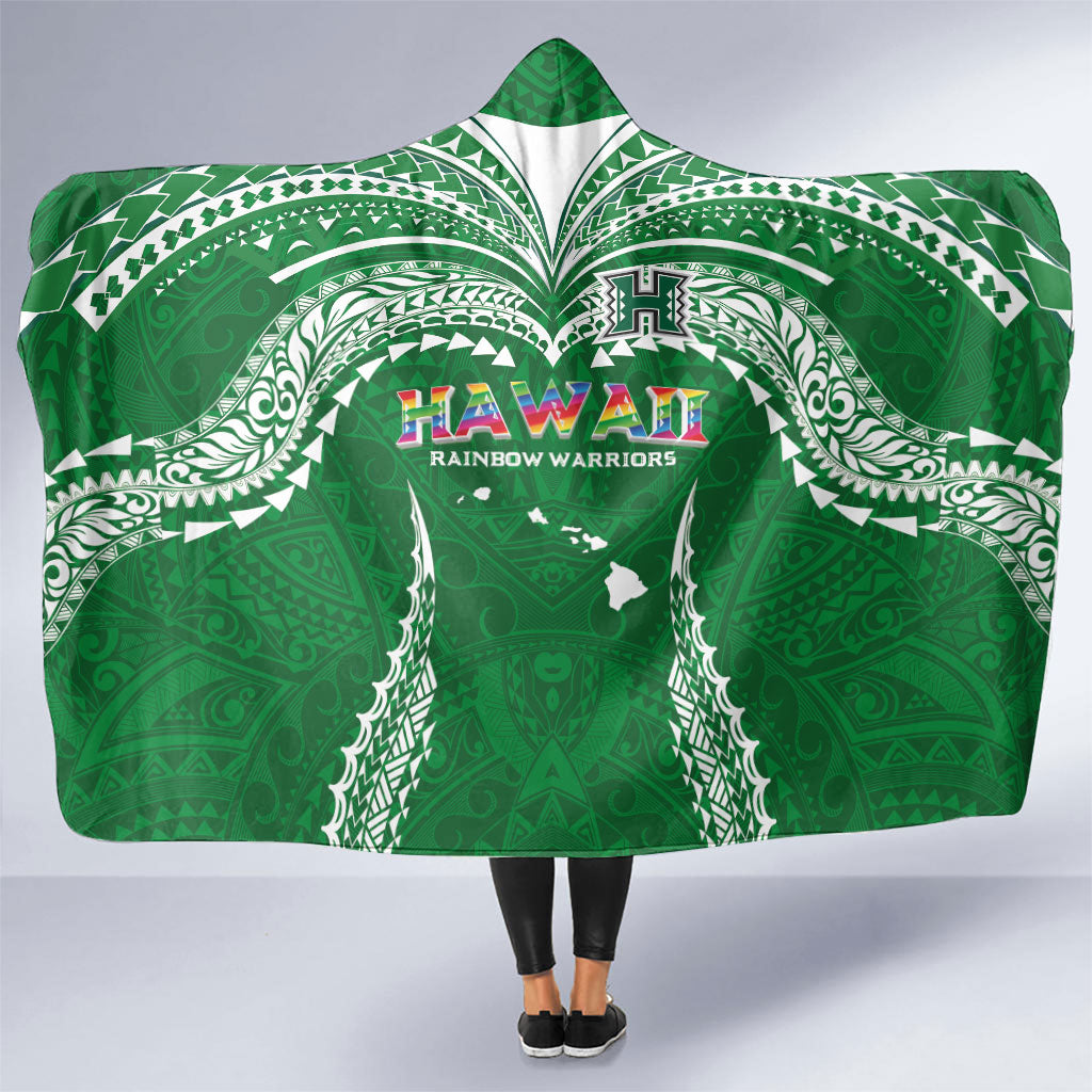 Hawaii Rainbow Warriors Hooded Blanket Polynesian Motif Green Color