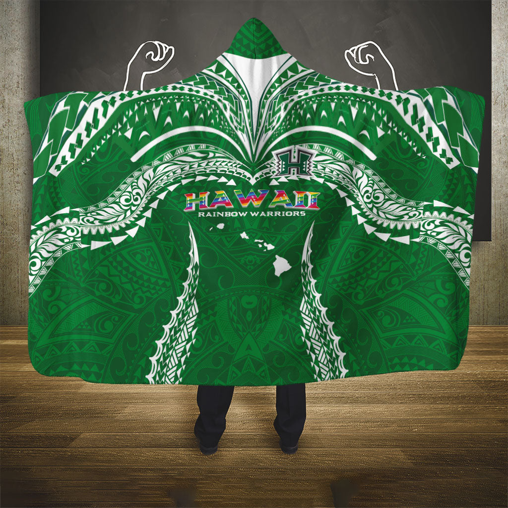 Hawaii Rainbow Warriors Hooded Blanket Polynesian Motif Green Color