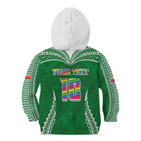 Custom Hawaii Rainbow Warriors Kid Hoodie Polynesian Motif Green Color