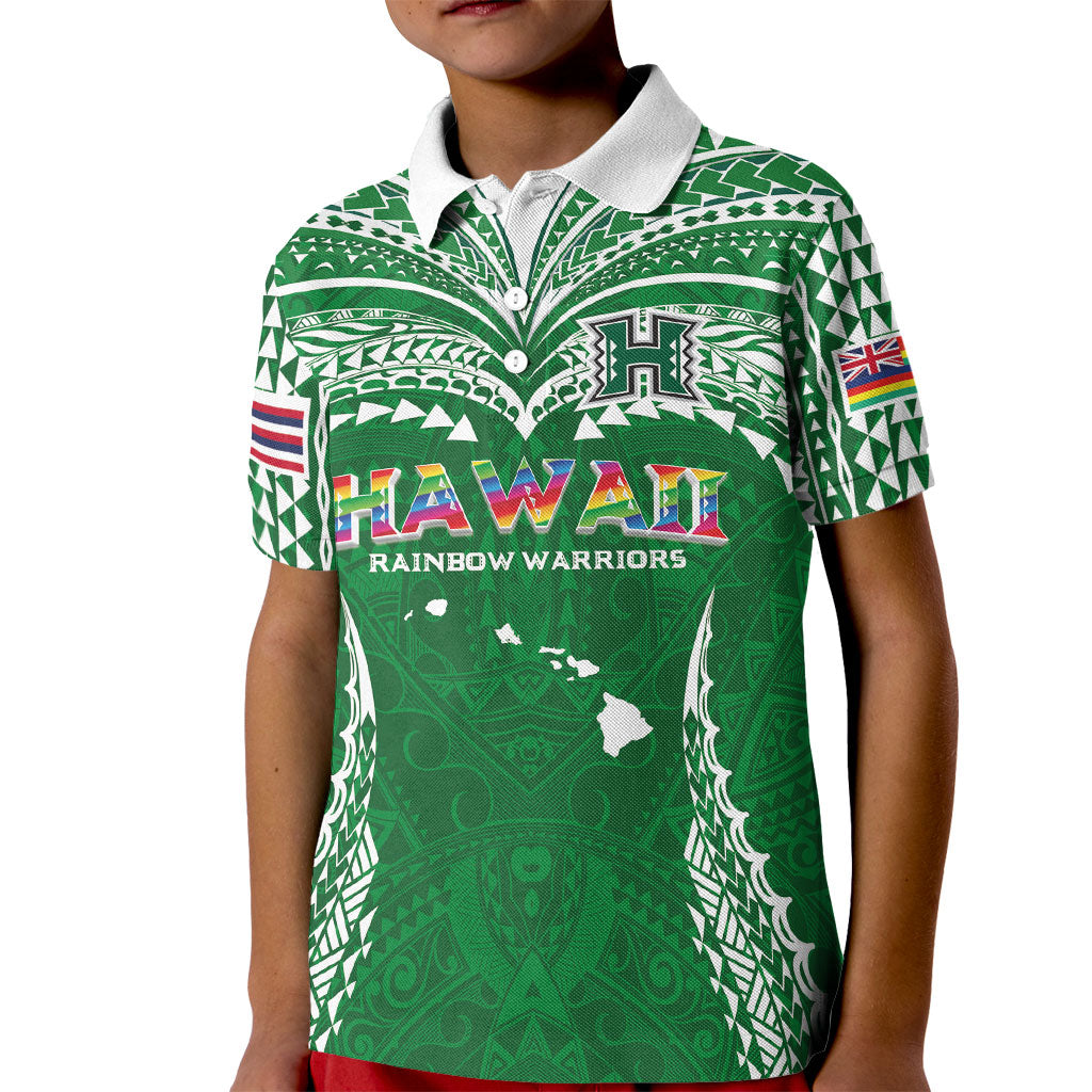 Custom Hawaii Rainbow Warriors Kid Polo Shirt Polynesian Motif Green Color