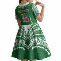 Custom Hawaii Rainbow Warriors Kid Short Sleeve Dress Polynesian Motif Green Color