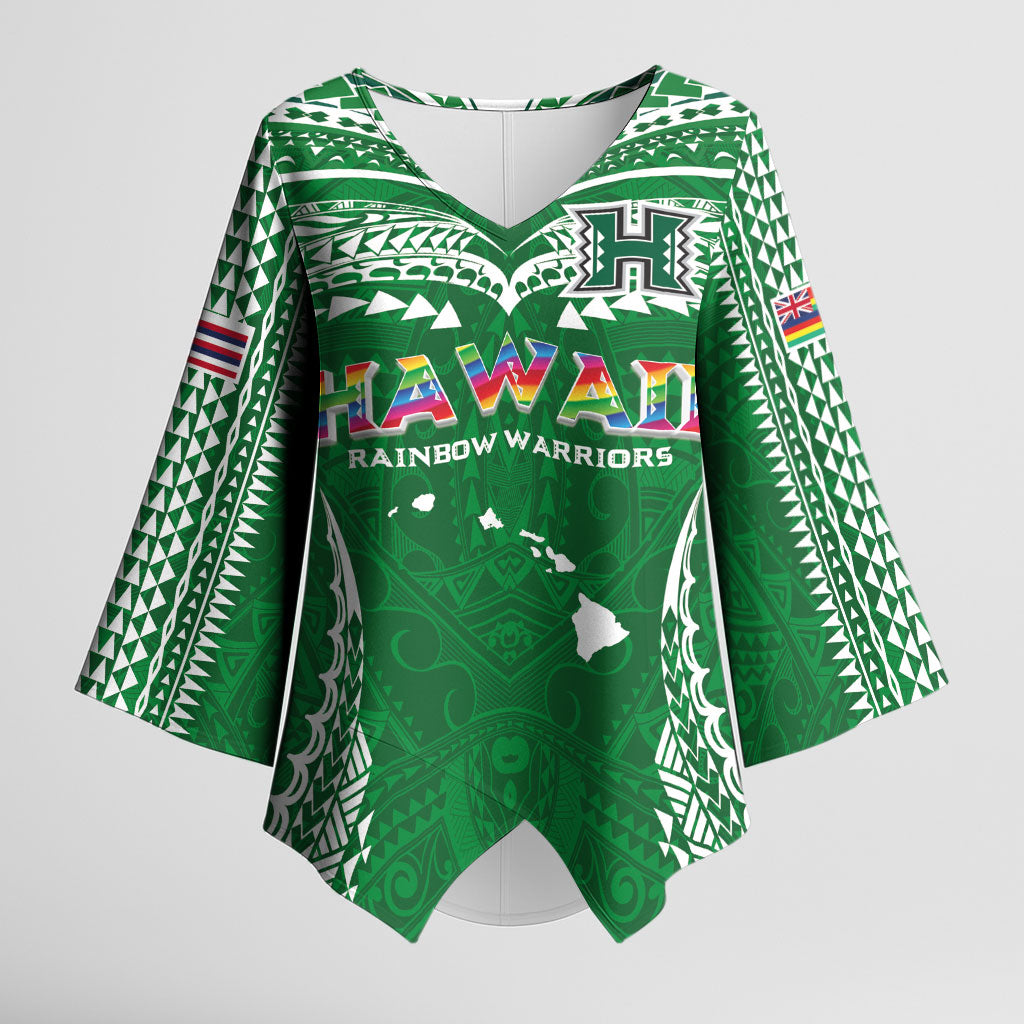 Custom Hawaii Rainbow Warriors Kimono Sleeve Blouse Polynesian Motif Green Color