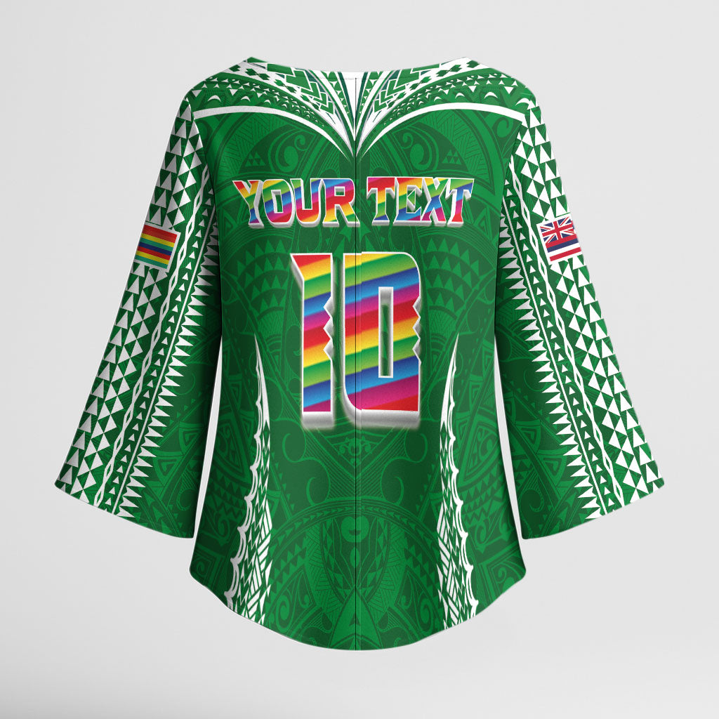 Custom Hawaii Rainbow Warriors Kimono Sleeve Blouse Polynesian Motif Green Color