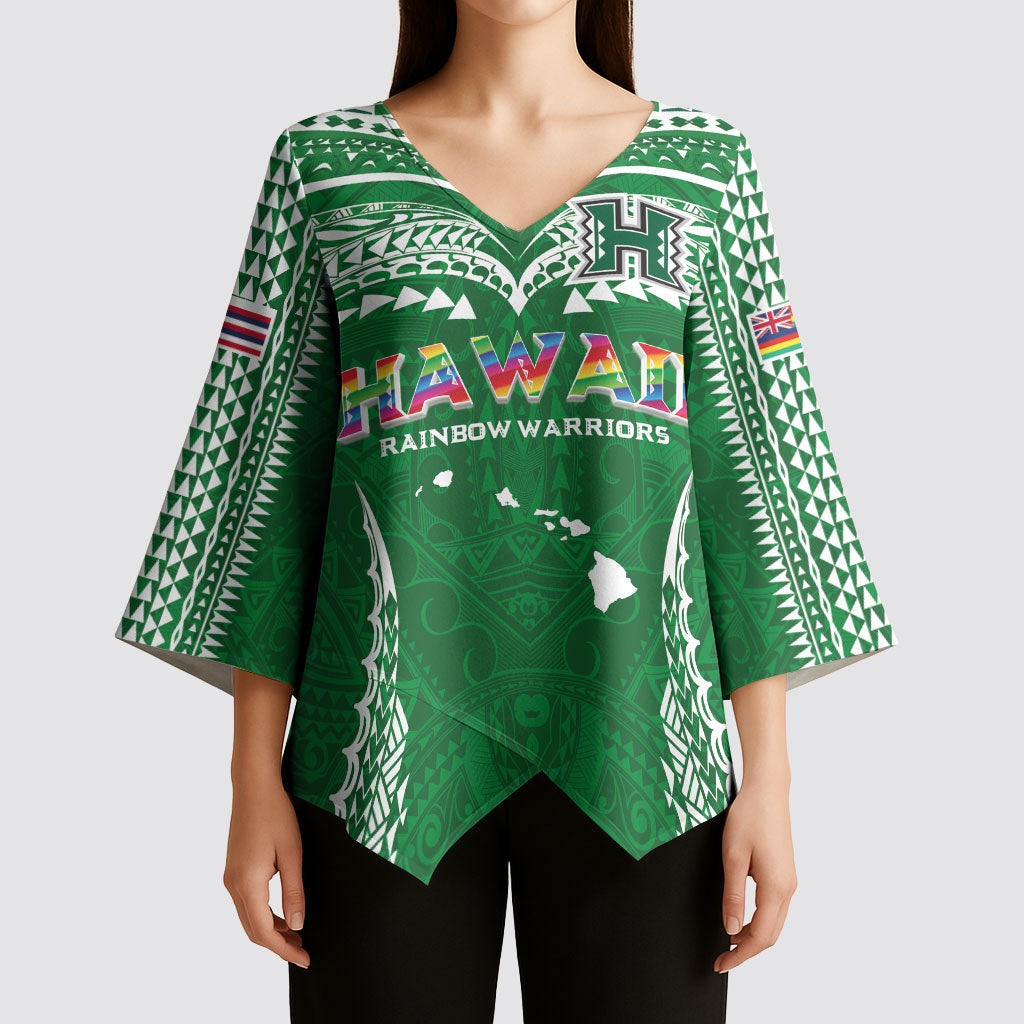 Custom Hawaii Rainbow Warriors Kimono Sleeve Blouse Polynesian Motif Green Color