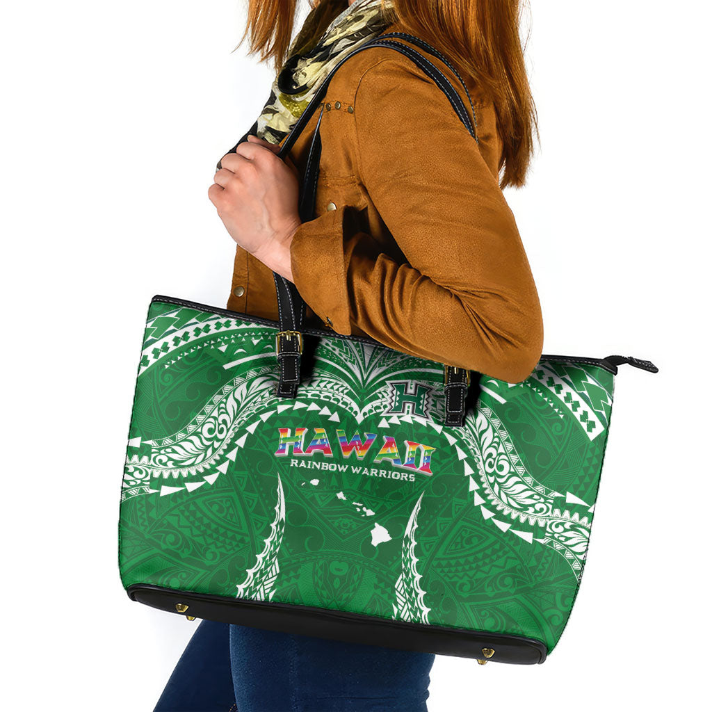 Hawaii Rainbow Warriors Leather Tote Bag Polynesian Motif Green Color