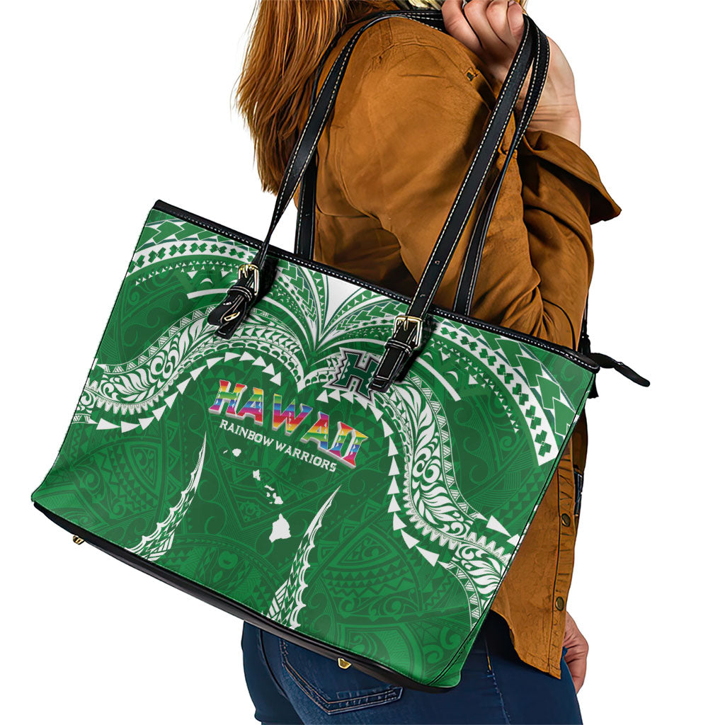 Hawaii Rainbow Warriors Leather Tote Bag Polynesian Motif Green Color