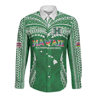 Custom Hawaii Rainbow Warriors Long Sleeve Button Shirt Polynesian Motif Green Color