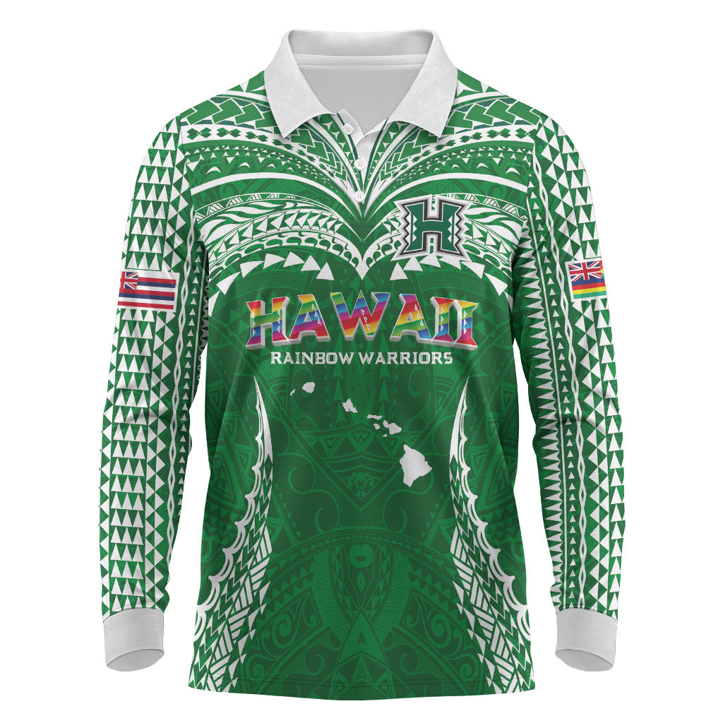 Custom Hawaii Rainbow Warriors Long Sleeve Polo Shirt Polynesian Motif Green Color