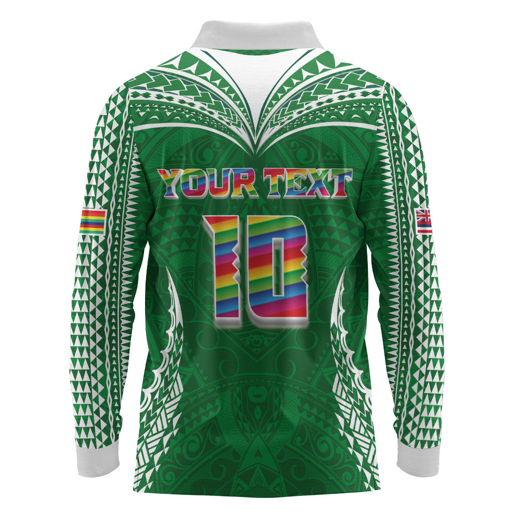 Custom Hawaii Rainbow Warriors Long Sleeve Polo Shirt Polynesian Motif Green Color
