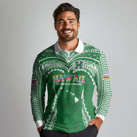 Custom Hawaii Rainbow Warriors Long Sleeve Polo Shirt Polynesian Motif Green Color