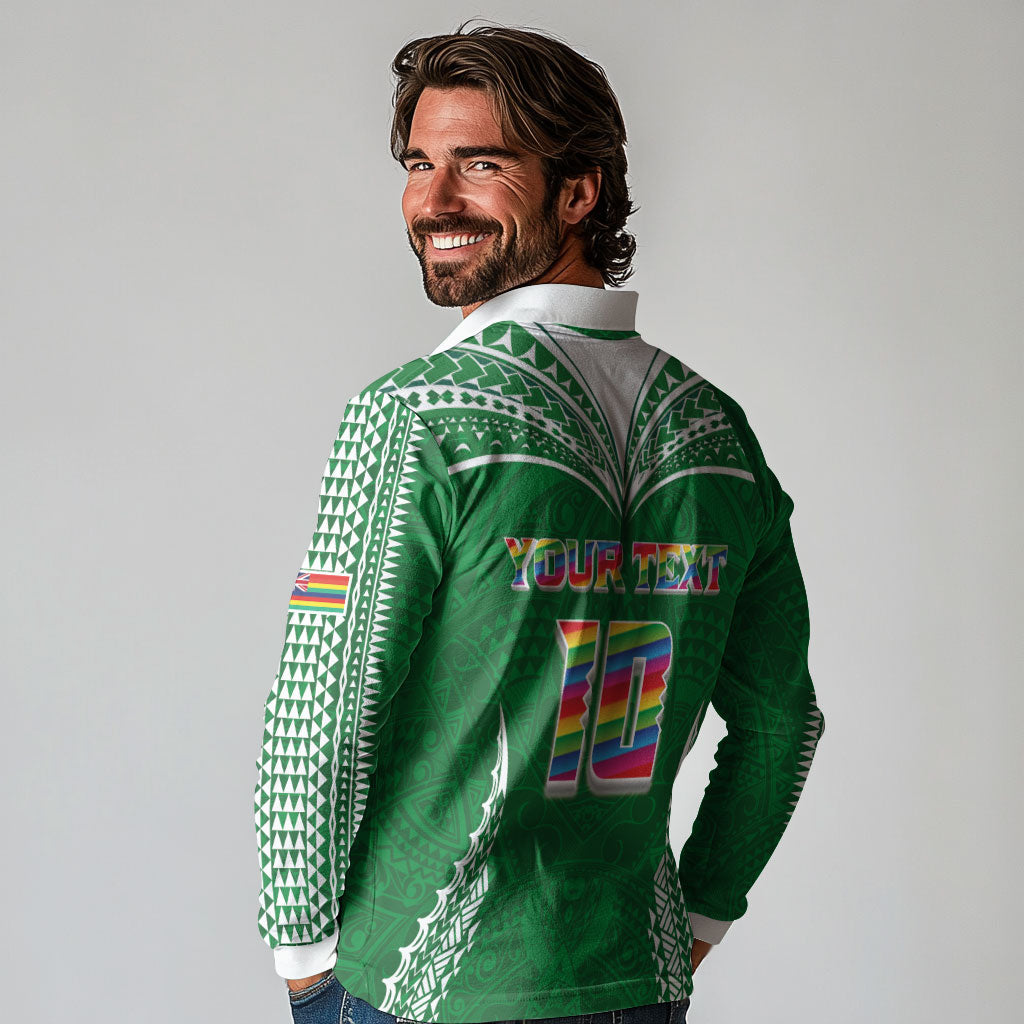Custom Hawaii Rainbow Warriors Long Sleeve Polo Shirt Polynesian Motif Green Color