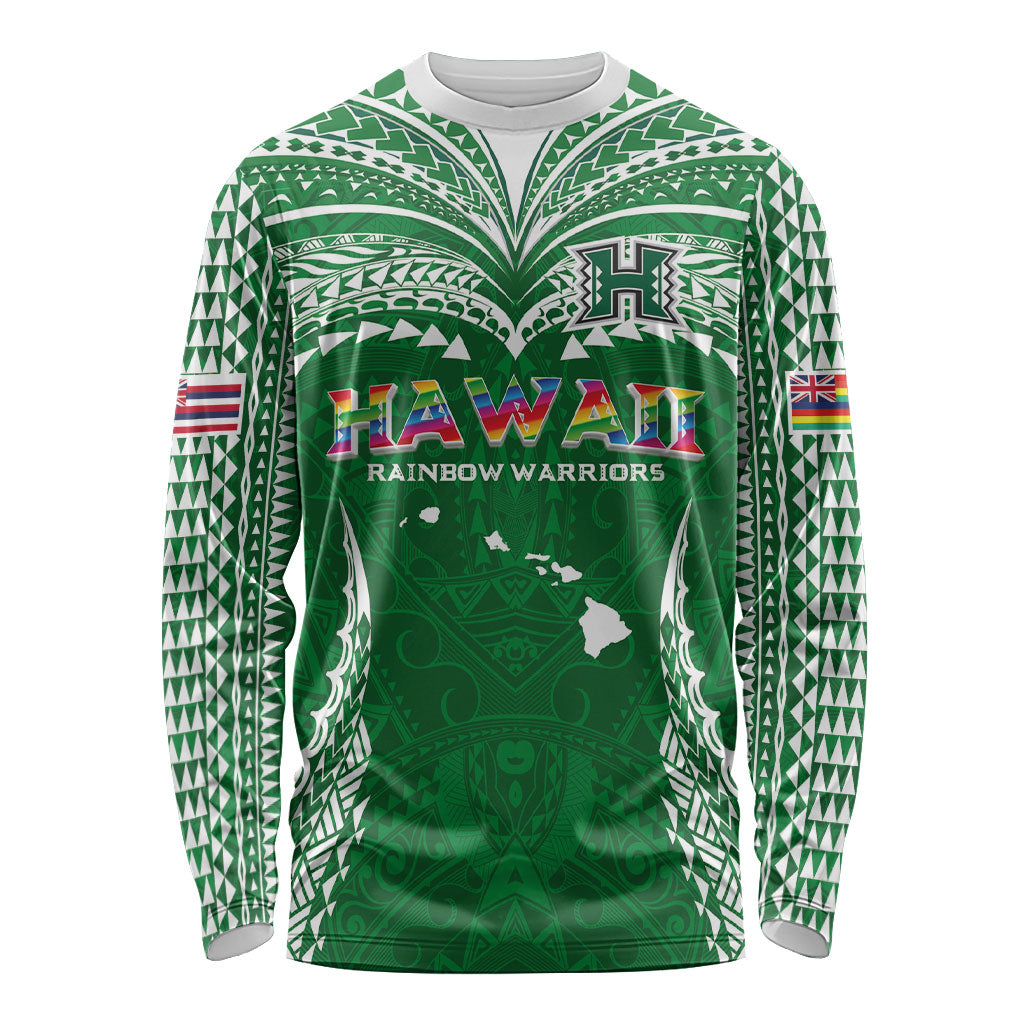 Custom Hawaii Rainbow Warriors Long Sleeve Shirt Polynesian Motif Green Color