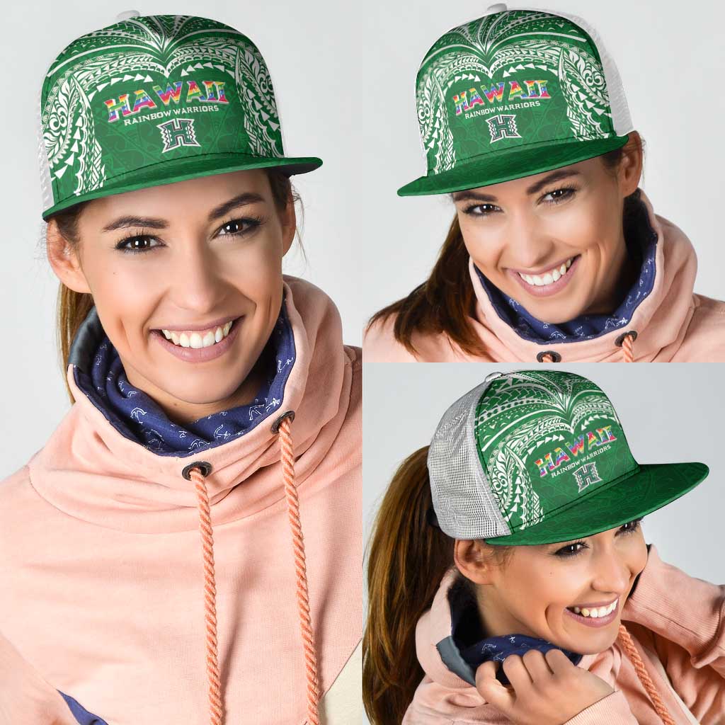 Hawaii Rainbow Warriors Mesh Trucker Cap Polynesian Motif Green Color