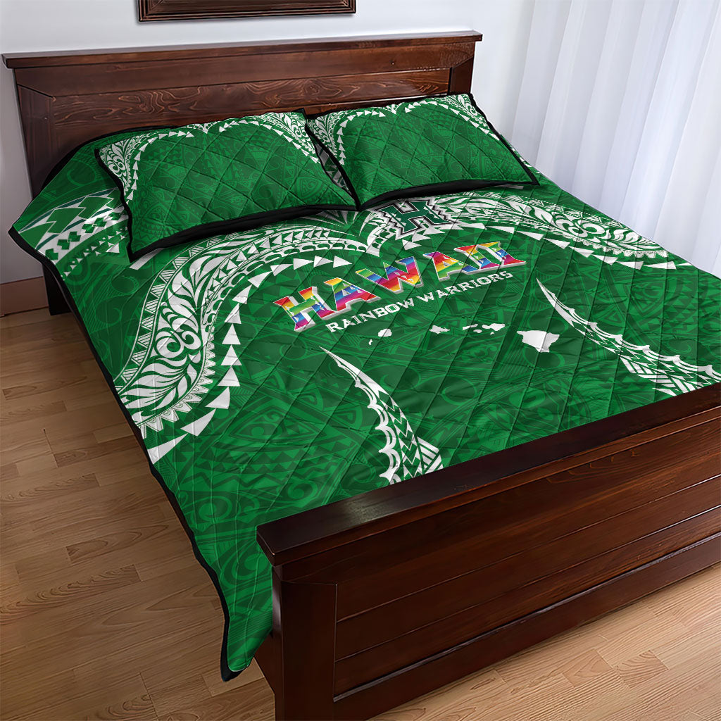 Hawaii Rainbow Warriors Quilt Bed Set Polynesian Motif Green Color