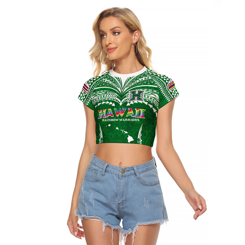Custom Hawaii Rainbow Warriors Raglan Cropped T Shirt Polynesian Motif Green Color