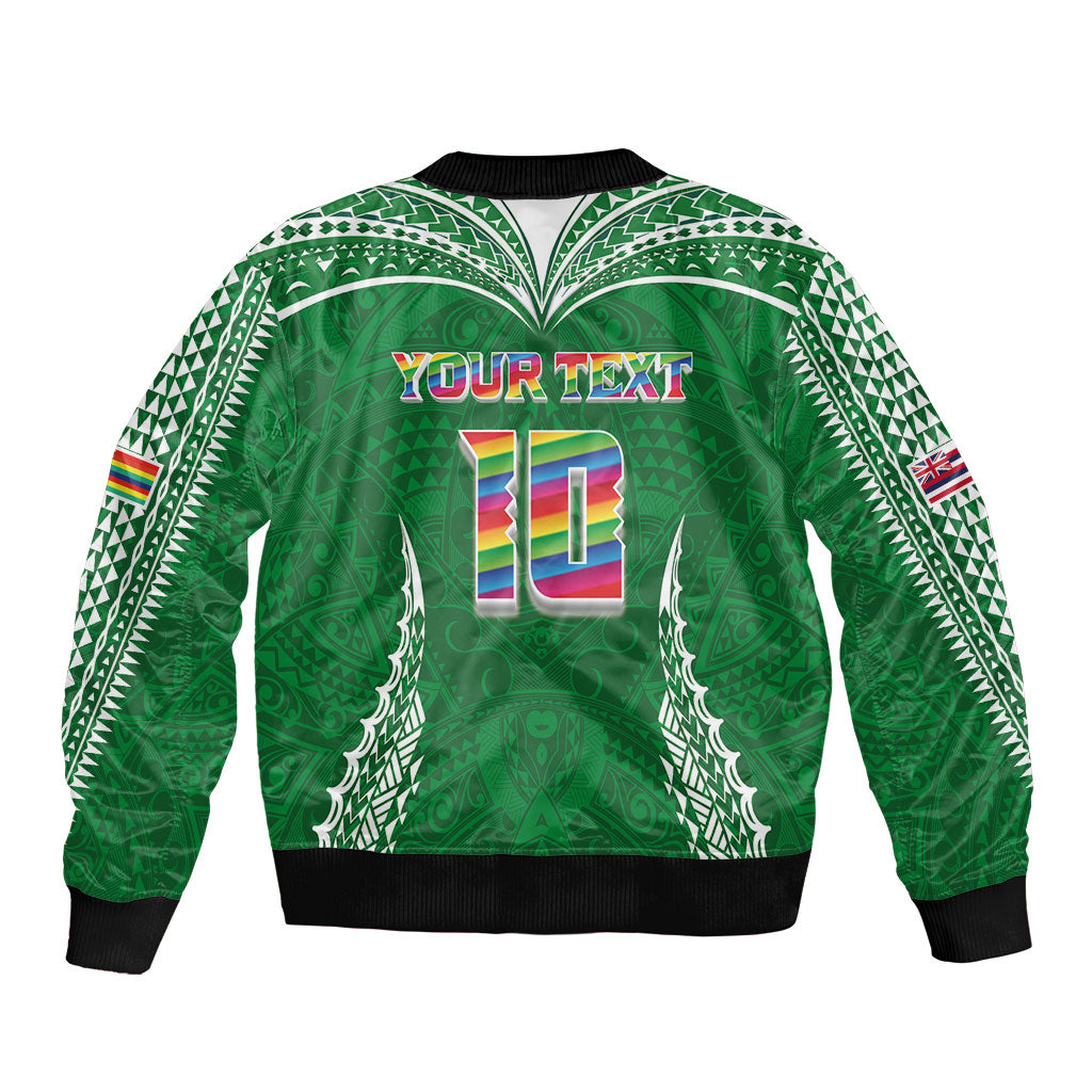 Custom Hawaii Rainbow Warriors Sleeve Zip Bomber Jacket Polynesian Motif Green Color